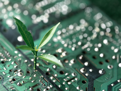 Une plante qui pousse sur un micro-chip. Illustration de l'interview avec Dejan Glavas de l'Institut AI for Sustainability au sujet du poids de l'intelligence artificielle sur l'empreinte carbone