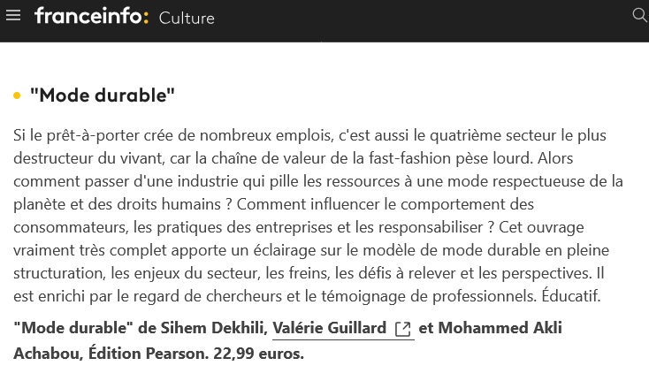 Sélection France Culture : Quatre livres pour mieux comprendre la mode durable et les démarches écologiques du secteur - "Mode durable" par Sihem Dekhili et Mohamed Akli Achabou