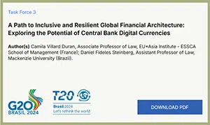 Visual from the T20 Brasil website for Camila Villard Duran's policy brief "A path to inclusive and resilient global financial architecture: Exploring the potential of Central Bank Digital Currencies"