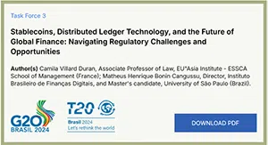 Visual from the T20 Brasil website for Camila Villard Duran's policy brief "Stablecoins, distributed ledger technology, and the future of global finance: Navigating regulatory challenges and opportunities"