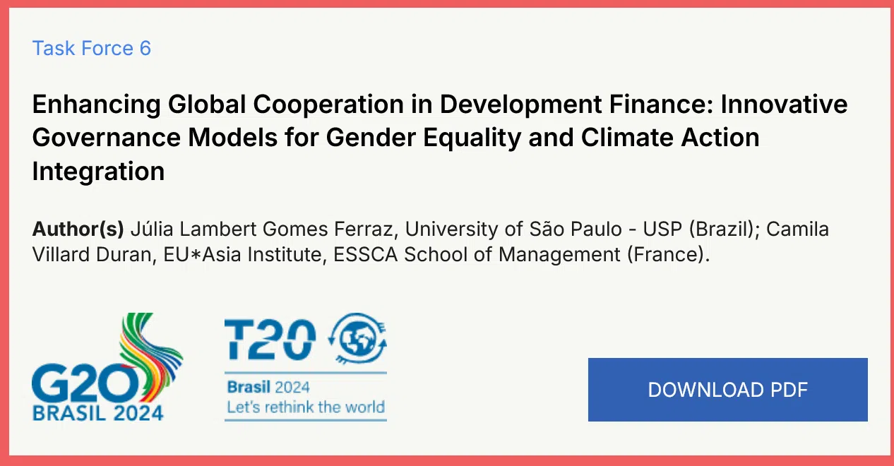 Visual from the T20 Brasil website for Camila Villard Duran's policy brief "Enhancing global cooperation in development finance: Innovative governance models for gender equality and climate action integration"