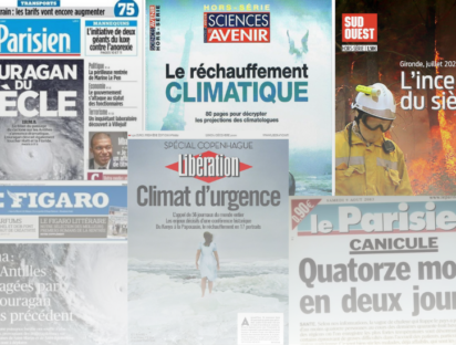 Des couvertures de journaux français sur des phénomènes climatiques graves, canicule, inondations, ouragan, incendies) pour illustrer l'article de Marjorie Tendero sur le traitement des informations liées à l'écologie dans les médias français